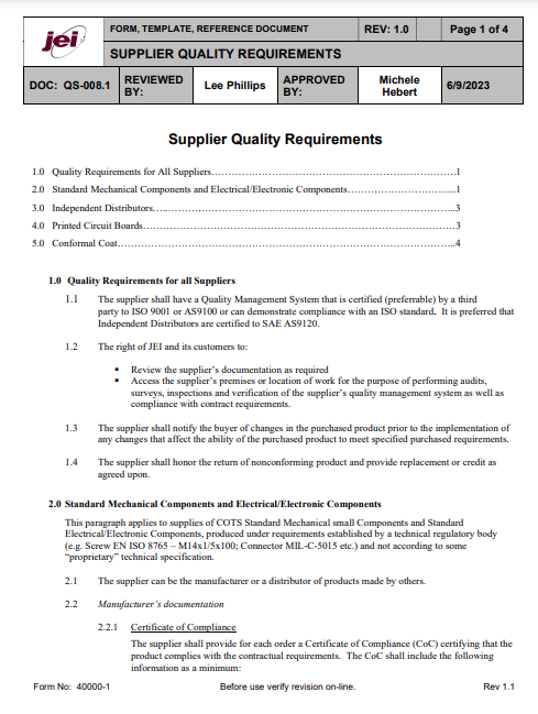 Supplier Quality Requirements